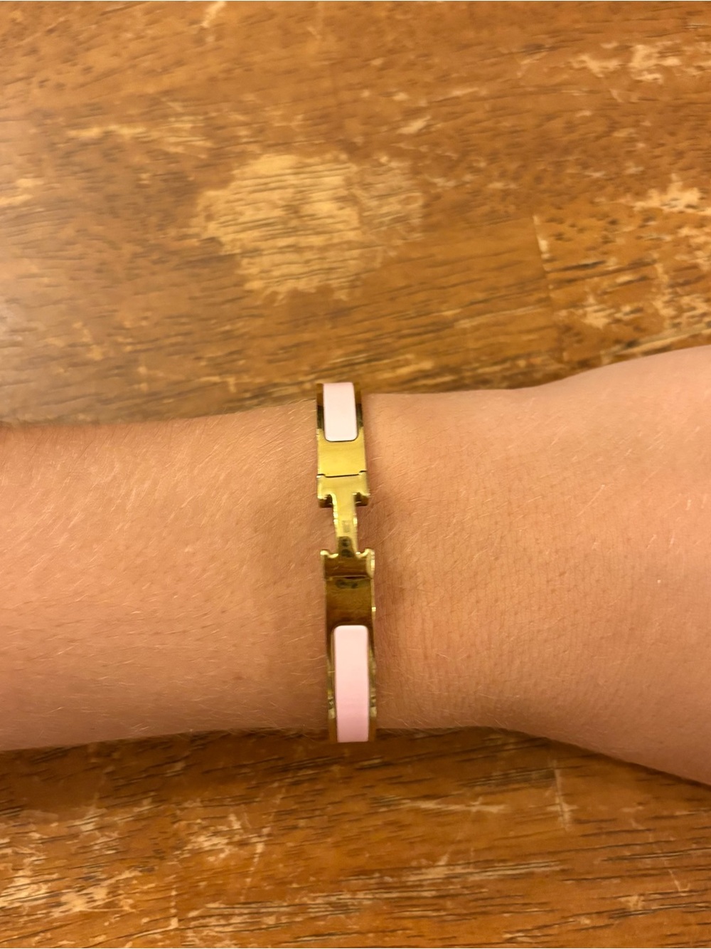 Hermes Gold and Light Pink Enamel H Bracelet